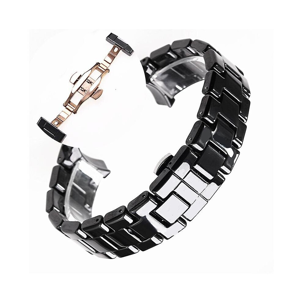 (18mm, Black rose gold) 18mm 22mm Ceramic Strap For Armani Watch Ar1400 Ar1410 Ar1402 Ar1401 Men Women Band Bracelet Belt Black White Butterfly Button