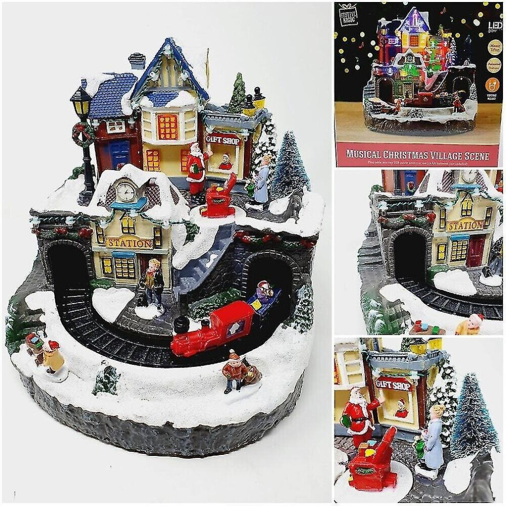 Large Christmas Village Town Scene Animated Musical Led With Moving Train
