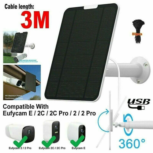 Solar Panel For Eufycam 2/2c/2c Pro/e/2 Pro 4w Mount Bracket 13ft Cable Black