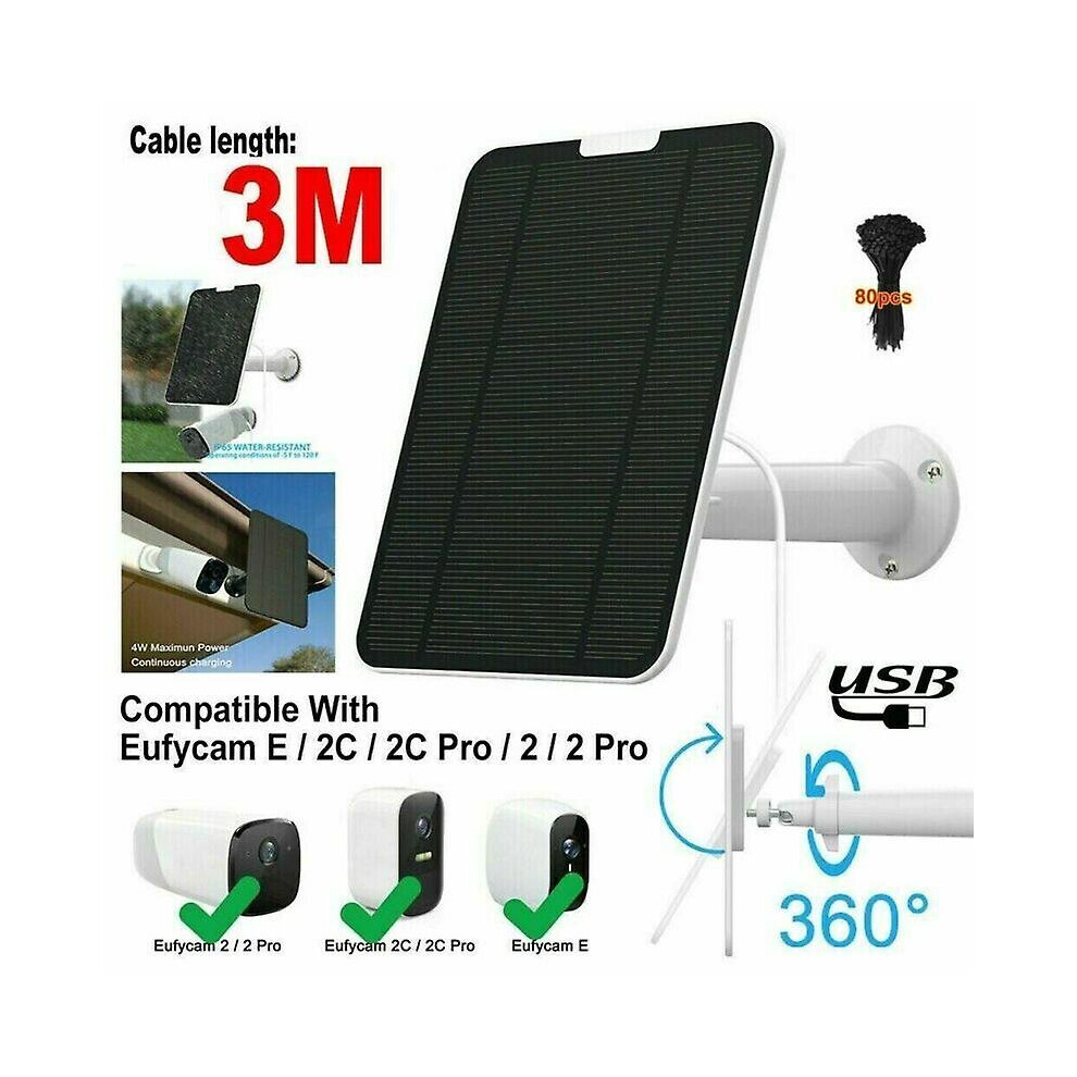Solar Panel For Eufycam 2/2C/2C Pro/E/2 Pro 4W Mount Bracket 13Ft Cable Black