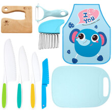 (129134) 9 Pieces Wooden Kids Knifes Set Potato Wave Knife Plastic Knives With Apron Peeler Perfect Starter Knife Set