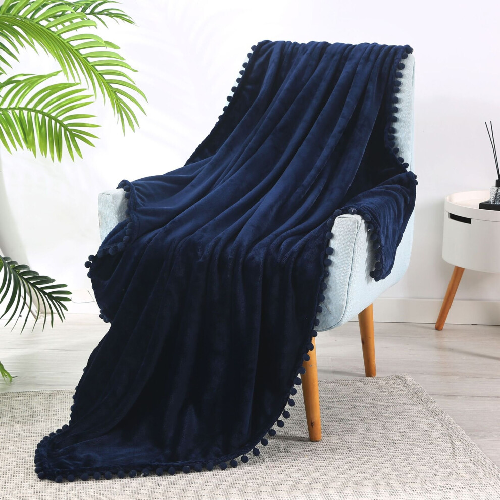 (dark blue, 1.5*2m) Pom Throw Blanket, Soft Fleece Pompom Fringe Blanket for Couch Bed Sofa | Decorative Cozy Plush Warm Flannel Velvet Tassel Flannel