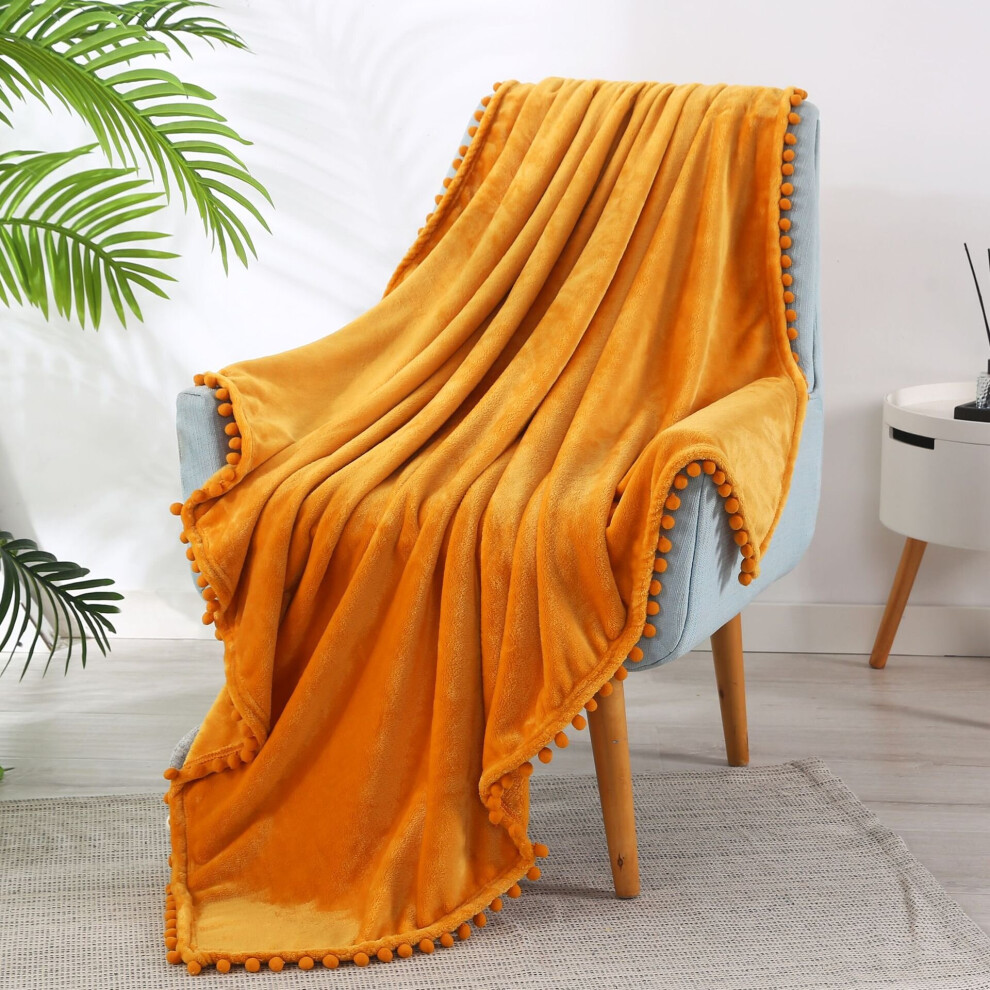 Pom Throw Blanket, Soft Fleece Pompom Fringe Blanket for Couch Bed Sofa | Decorative Cozy Plush Warm Flannel Velvet Tassel Flannel Blanket