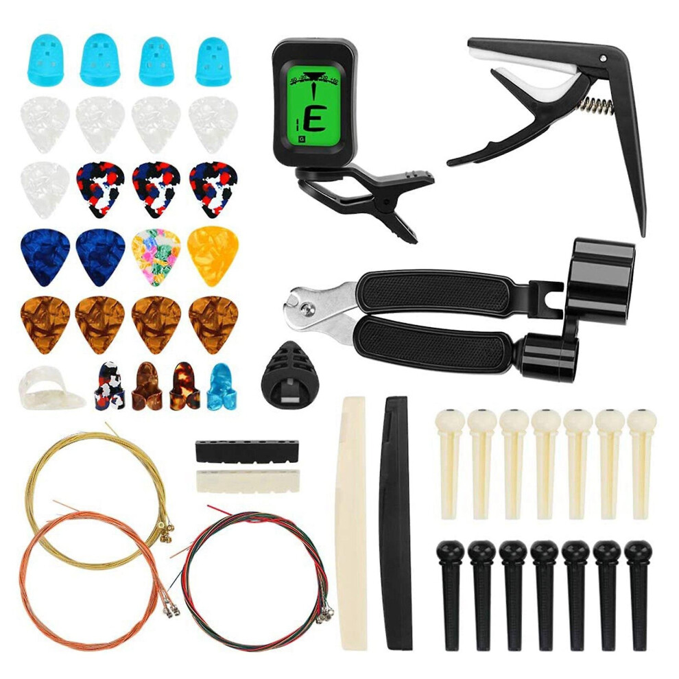 65 Pcs Guitar Accessories Kit With Guitar Strings, Tuner, , Picks, Pick Holder, Thumb Finger Picks