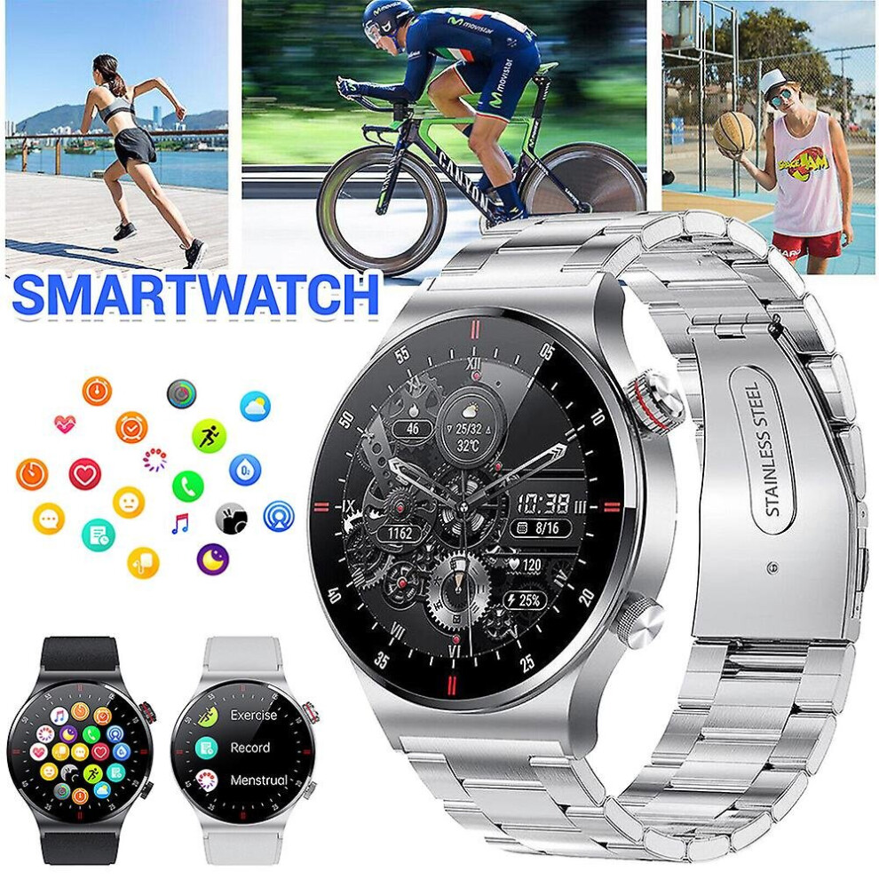 (Grey With Silver Steel) Smart Watch Fitness Tracker With Blood Pressure/Blood Oxygen/Heart Rate/Sleep Monitor,Smartwatch For Android Ios 1.28" Gifts Silver,Grey 9344605469147