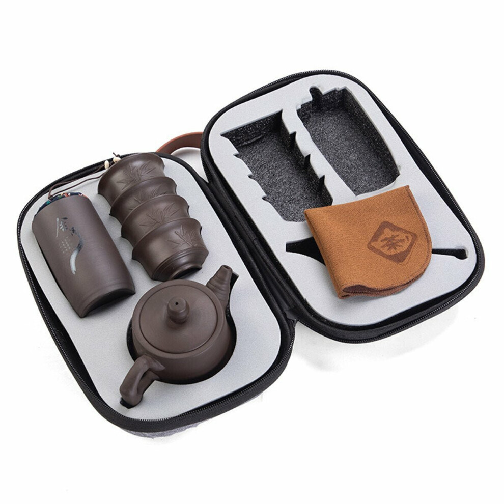 (B) Portable Teapot Set Chinese Gongfu Ceremony Purple Clay Cups Caddy Carry Bag