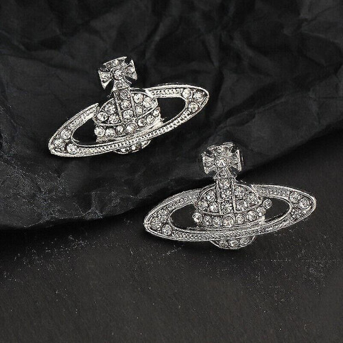(Silver) Crystal Saturn Heart Orb Drop Dangle Stud Earrings Rhinestone Silver Gold