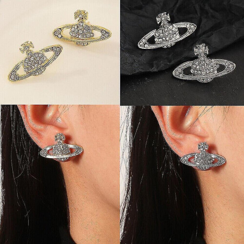 (Silver) Crystal Saturn Heart Orb Drop Dangle Stud Earrings Rhinestone Silver Gold 1