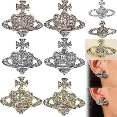 (Silver) Crystal Saturn Heart Orb Drop Dangle Stud Earrings Rhinestone Silver Gold 2