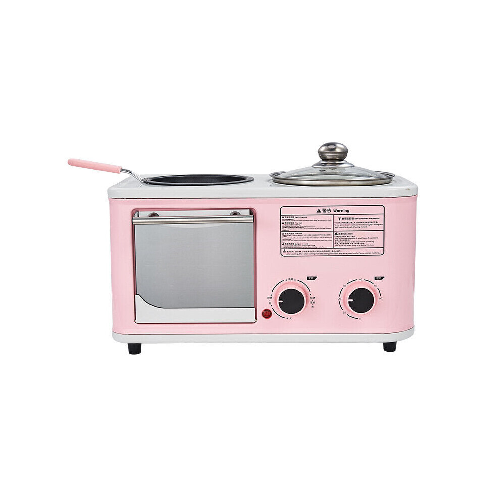 (Pink) 3 in 1 Electric Household Breakfast Machine Mini Bread Toaster Baking Oven Omelette Frying Pan Food Steamer