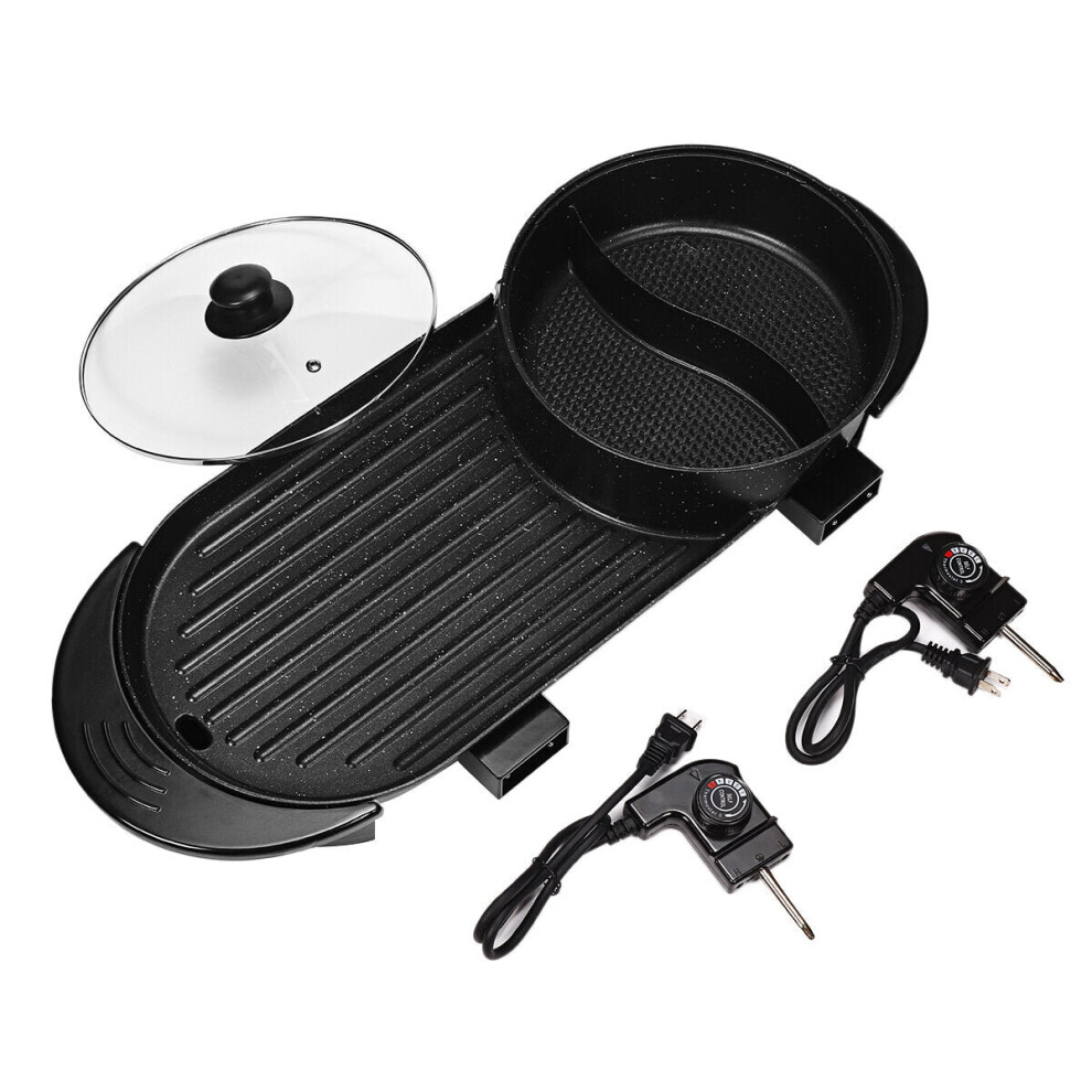 110V 1200W Electric 2-in-1 Hot pot BBQ Oven Grill Pan Portable Non-Stick Shabu Dinner