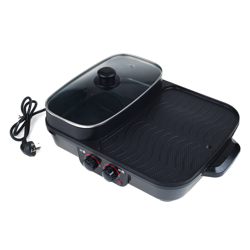 (EU Plug) 220V 1500W 2 IN 1 Electric Grill Pan Hot Pot Multi-function BBQ Frying Cook Grill Non-stick