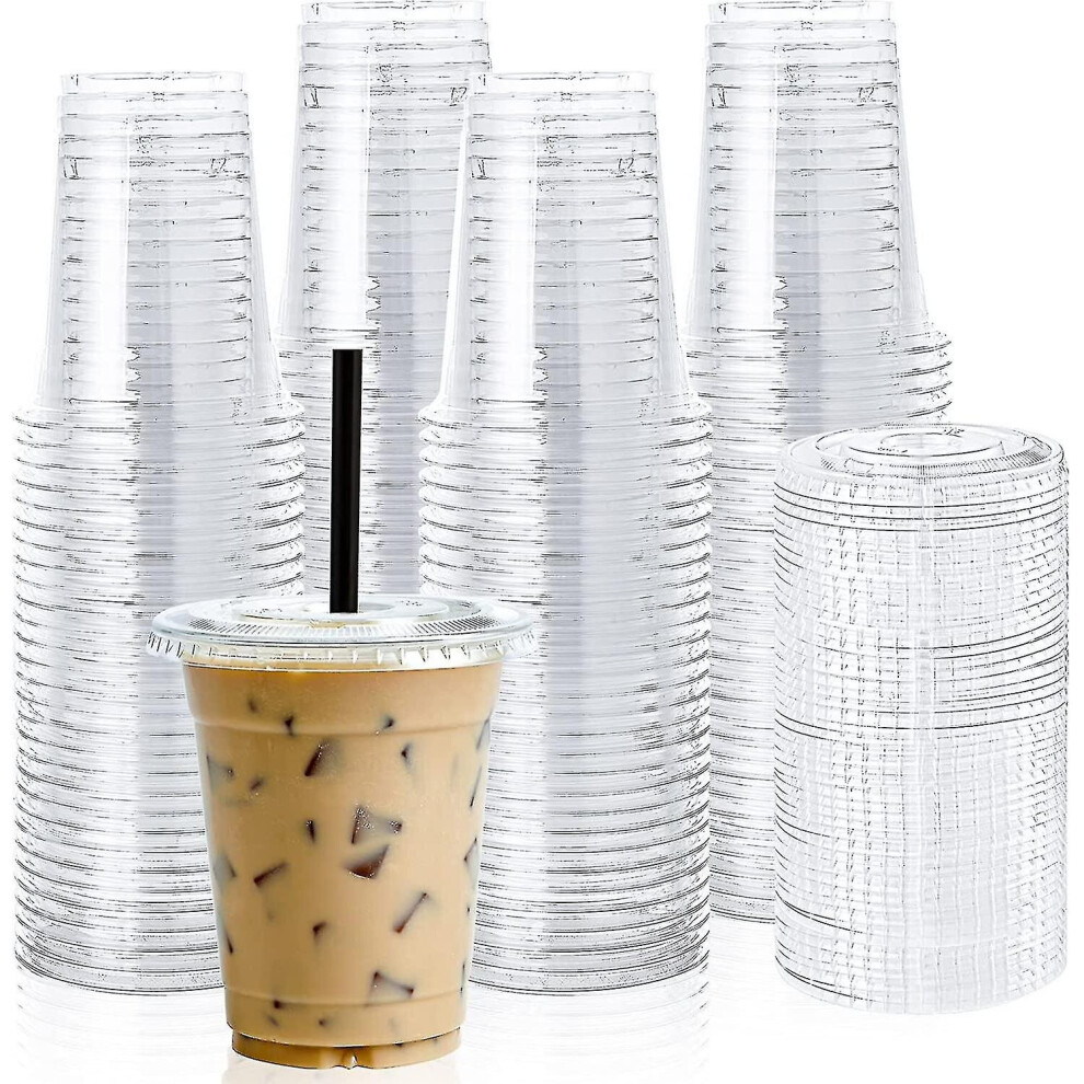 [100 Sets] 12oz Clear Plastic Cups With Flat Lids, Disposable Drinking Cups, 12 Oz Plastic Cups For Ice Coffee, Smoothie, Slurpee, Or Any Cold Drinks