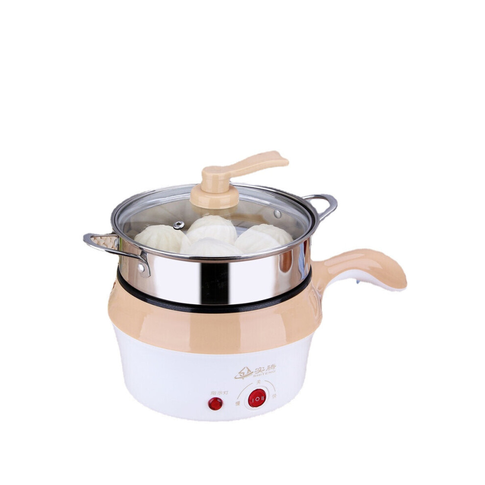 (Khaki) 1.8L Double-Layer Stainless Steel Mini Electric Pot Pan Cooker Cooking Fry Stew