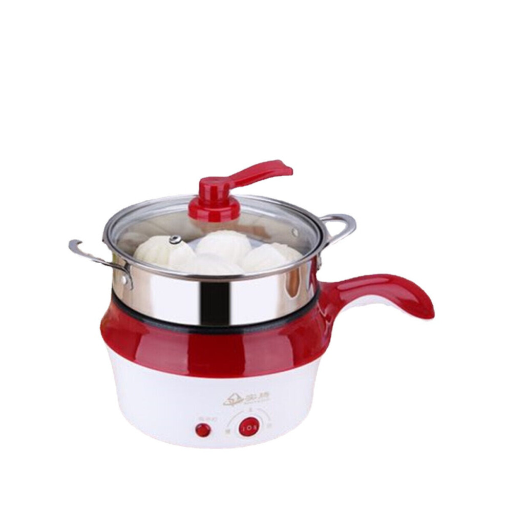 (Wine Red) 1.8L Double-Layer Stainless Steel Mini Electric Pot Pan Cooker Cooking Fry Stew
