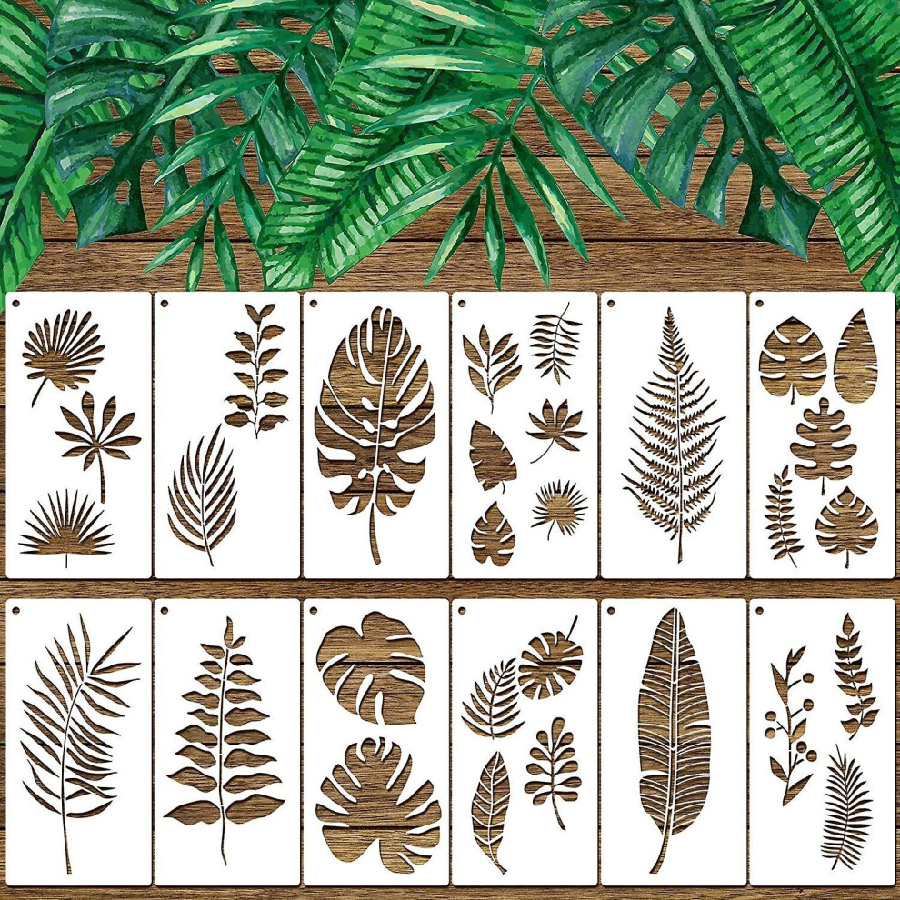 12 Pieces Tropical Leaf Stencils, Fern Leaf Monstera Palm Leaf Turtle Leaf Wall Stencil Template Botanical Leaves Reusable 9172662245707