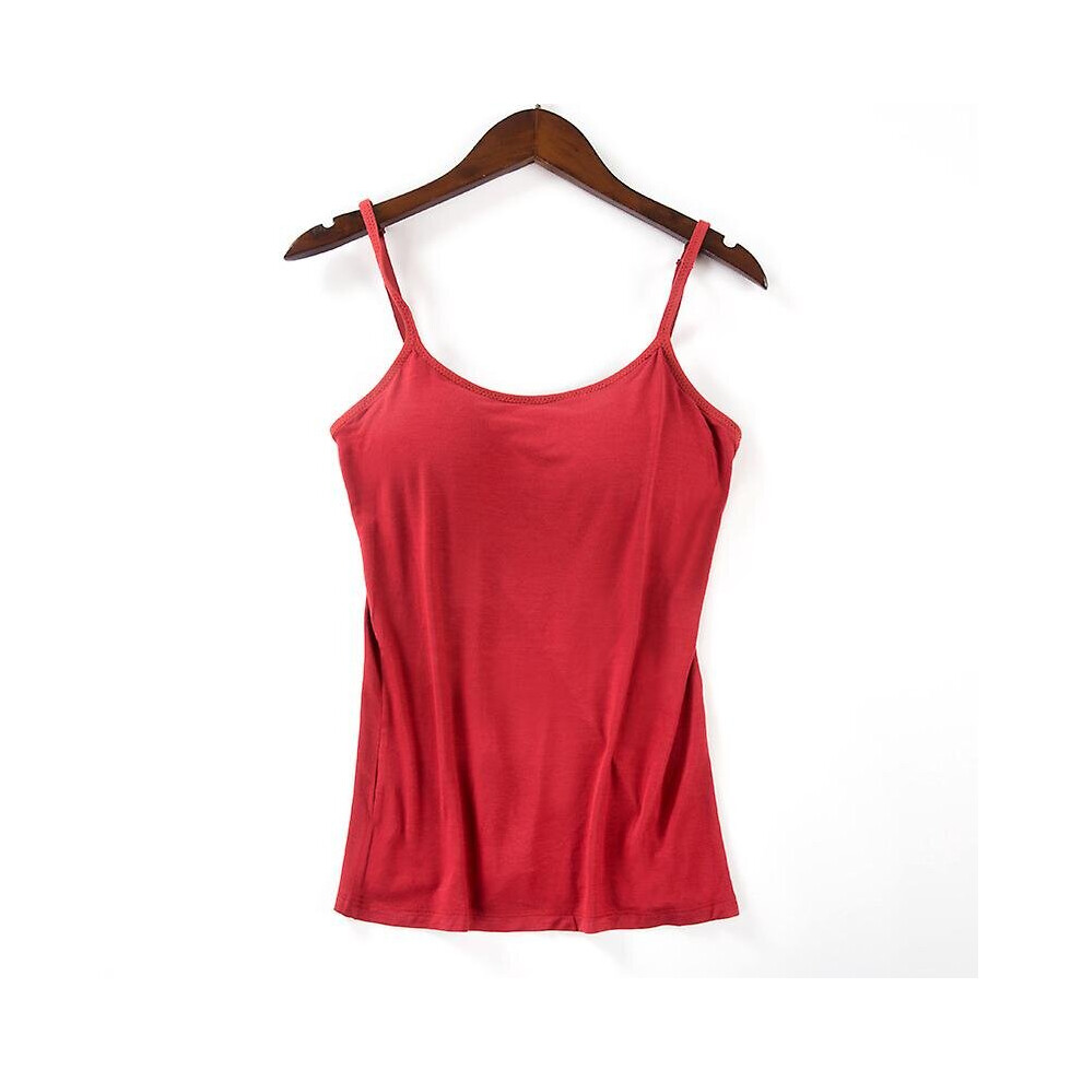 (Red, M) Women Padded Soft Casual Bra Tank Top Women Spaghetti Cami Top Vest Female Camisole With Built In Bra