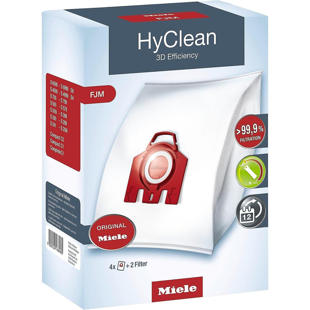 Miele 9917710 Hyclean 3D Efficiency Fjm Vacuum Bags, for vacuum cleaners with Miele bag, boot with 4 bags H345