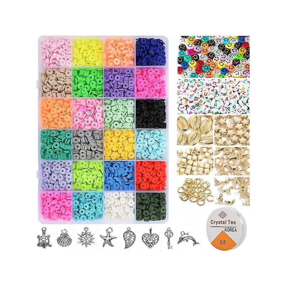 3000pcs Clay Beads For Jewelry Making Kit,24 Colors Spacer Heishi Beads Flat Round Polymer Clay Beads With Letter Beads Smil