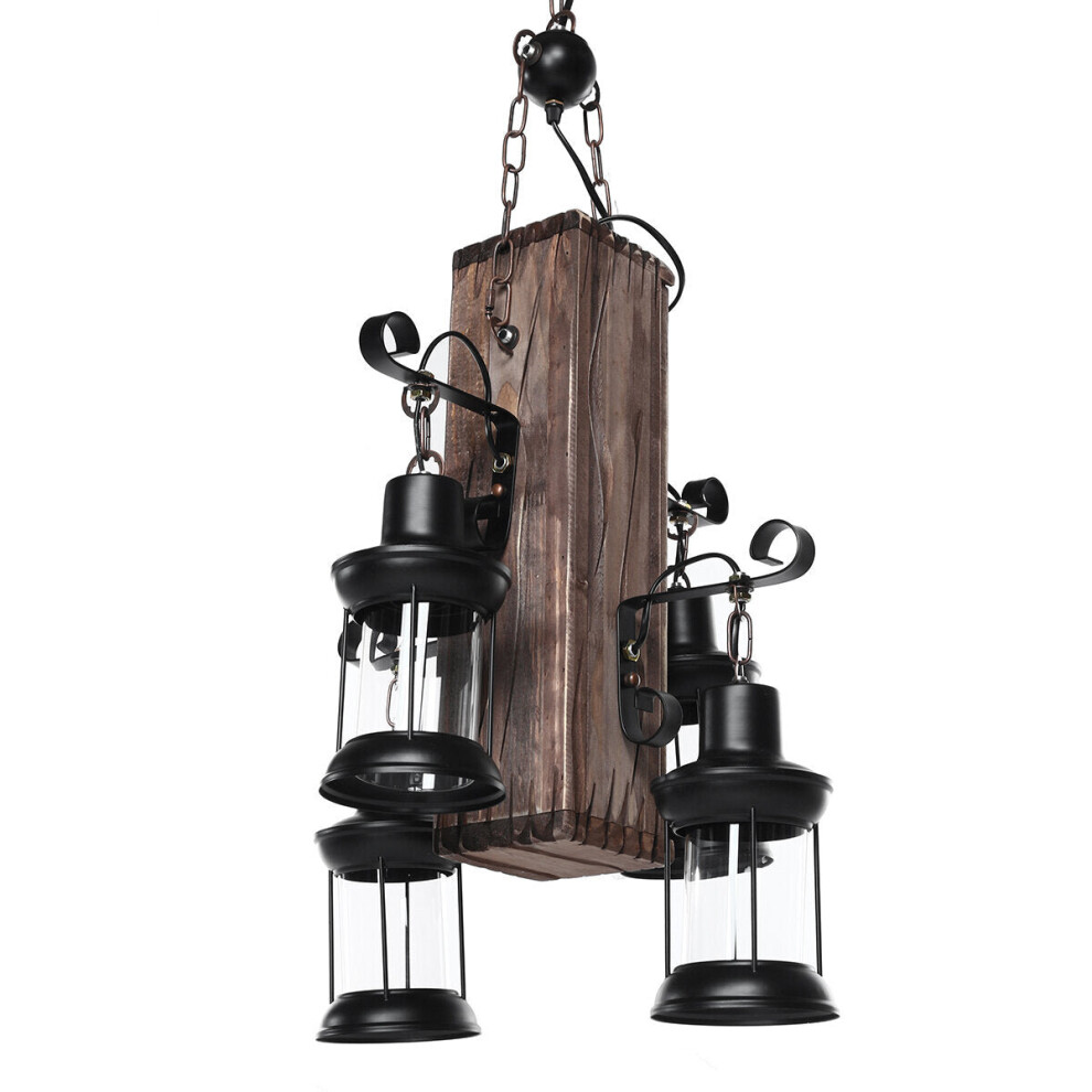 Rustic Wood 4 Heads Industrial Chandelier Iron Ceiling Lamp Pendant Light