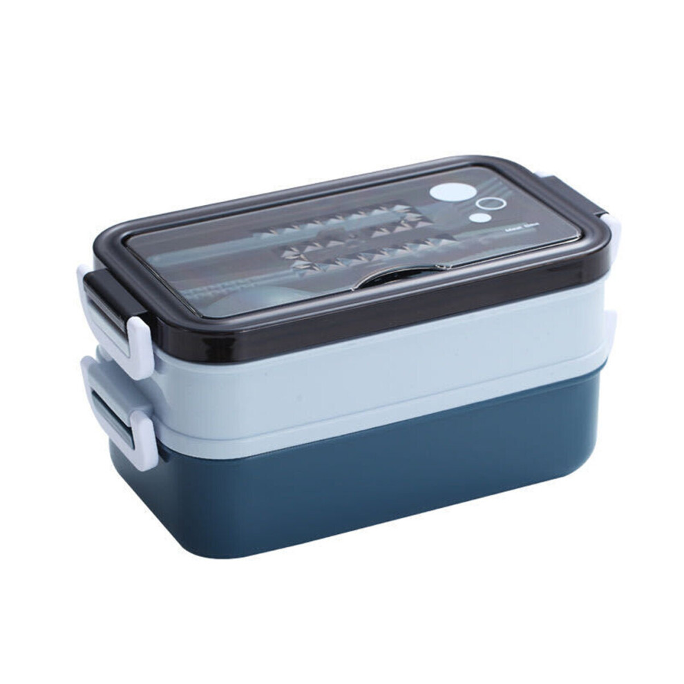 (Blue) Lunch Box Bento 2 Layers Food Storage Container 304 Stainless Steel