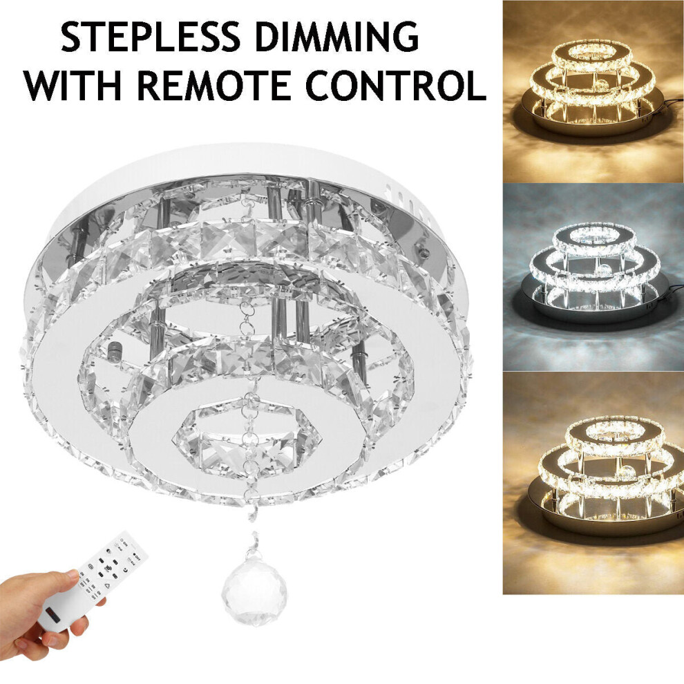 (Stepless dimming(With Remote Controller)) 24W/48W Chandelier Crystal Stepless Dimming LED Round Ceiling Light Remote Control Fixture Decor AC100-240V