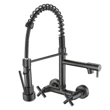 (Black) Chrome/black Kitchen Faucet Dual Handles Hot Cold Water Kitchen Mixer Tap Wall Mounted Dual Swivel Spout Spring Pull Down Faucets