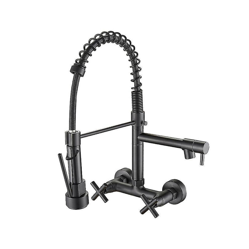 (Black) Chrome/black Kitchen Faucet Dual Handles Hot Cold Water Kitchen Mixer Tap Wall Mounted Dual Swivel Spout Spring Pull Down Faucets
