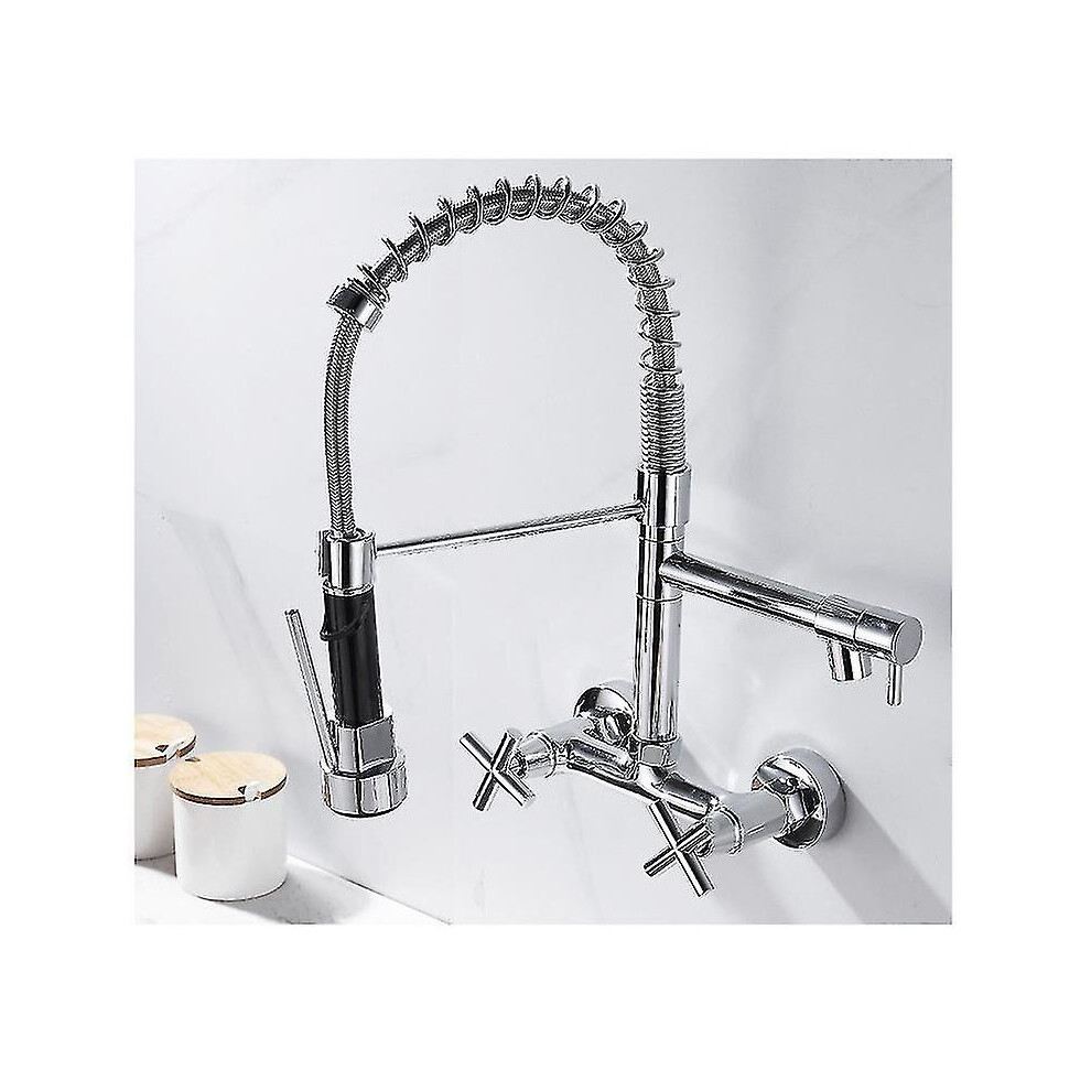 (Electroplating) Chrome/black Kitchen Faucet Dual Handles Hot Cold Water Kitchen Mixer Tap Wall Mounted Dual Swivel Spout Spring Pull Down Faucets