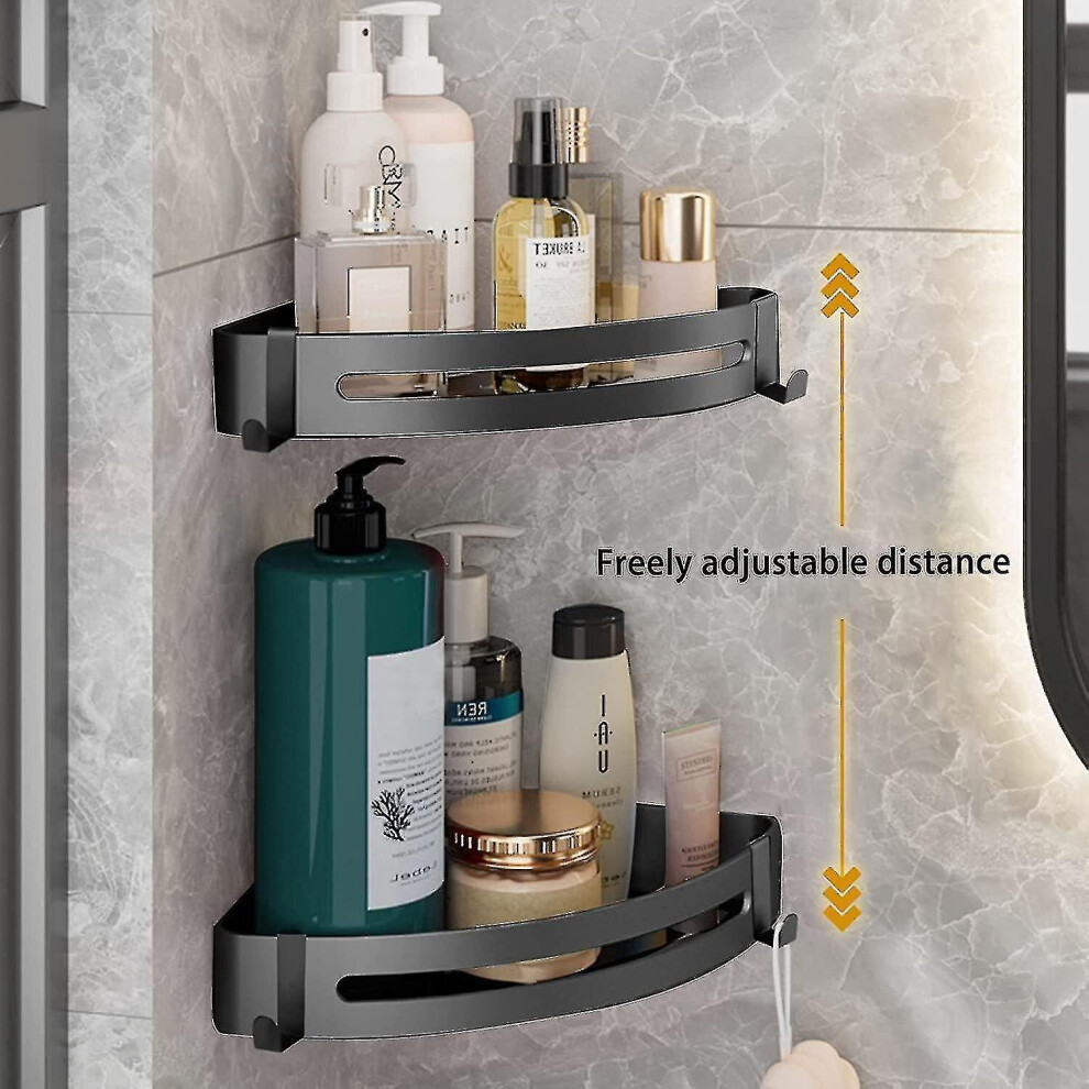 2 Pieces No Drilling Corner Shower Shelf, Stainless Steel Bathroom Hanging Shelf, With Hooks Self Adhesive Storage Basket For Kitchen And- Black