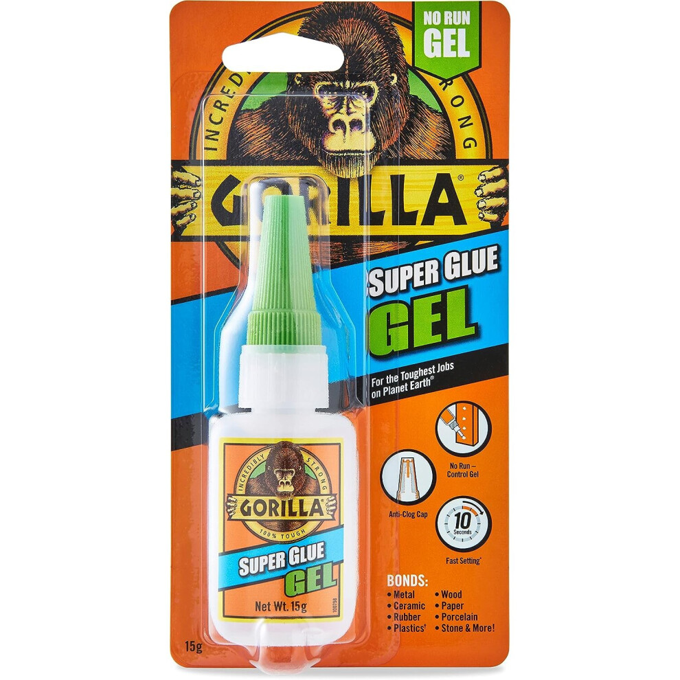 Gorilla Super Glue Gel 15g All Purpose Fast Setting No Run Formula with Anti Clog Cap Ideal for Metal Ceramics Leather & More
