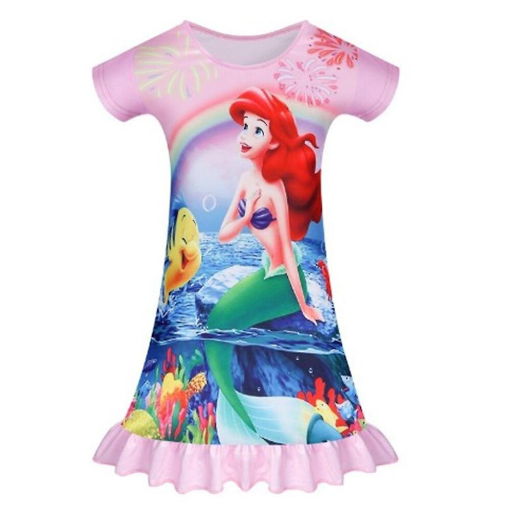 (Pink, 5-6 Years) 4-8 Years Girls Mermaid Ariel Print Summer Dress Nightdress