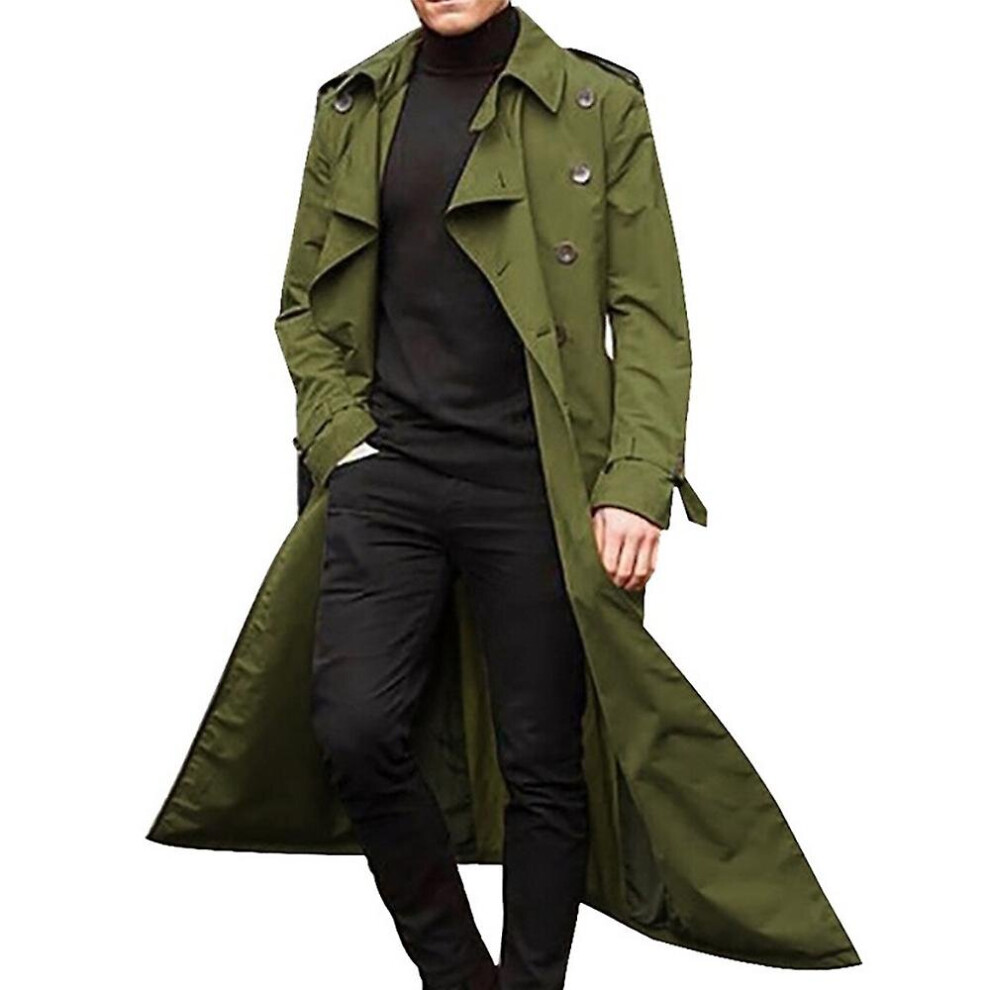(Green, S) Mens Jackets Long Trench Coat Lapel Overcoat Casual Plain Outerwear