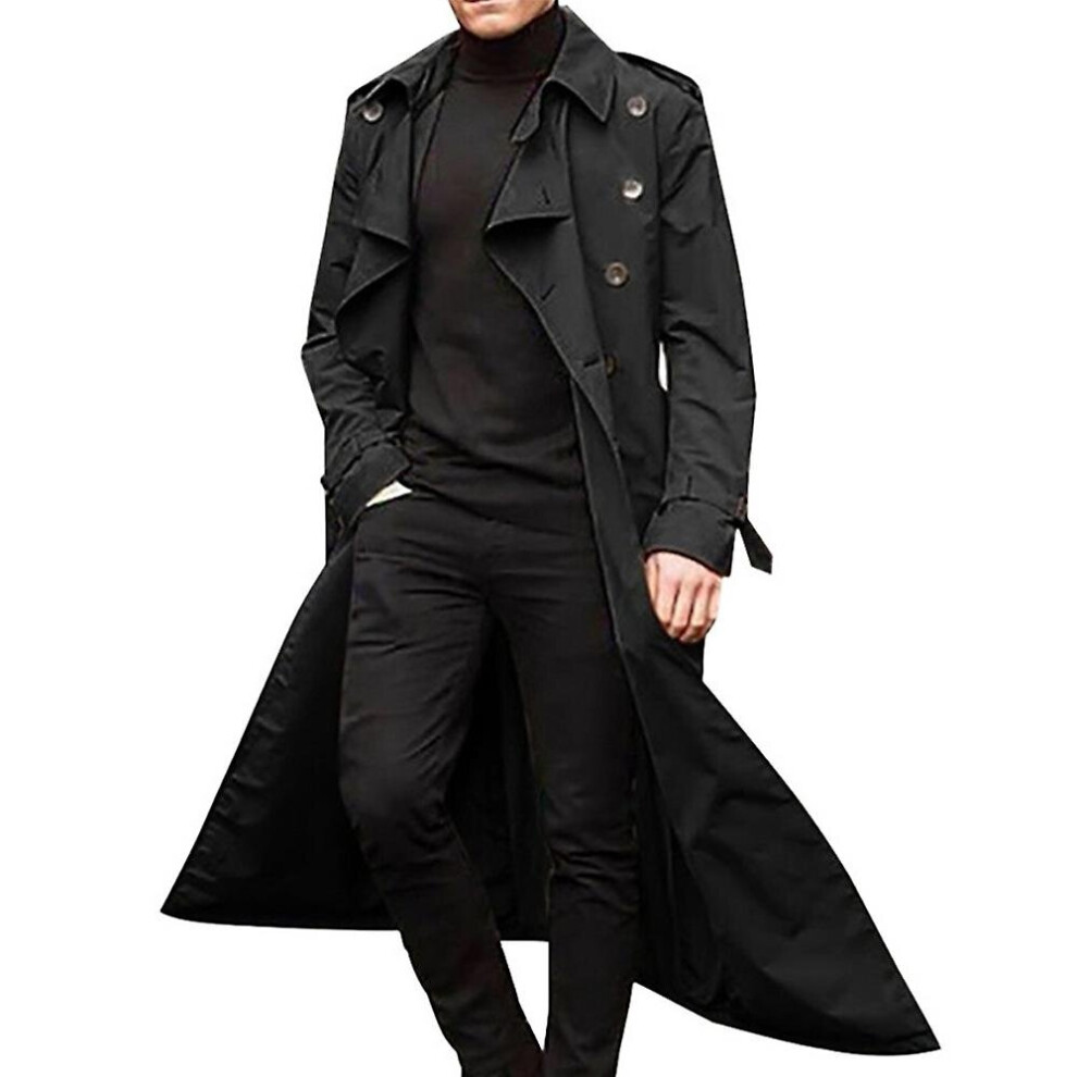 (Black, L) Mens Jackets Long Trench Coat Lapel Overcoat Casual Plain Outerwear