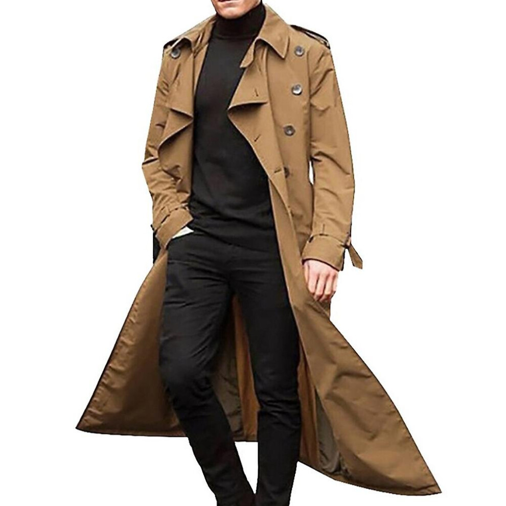 (Khaki, L) Mens Jackets Long Trench Coat Lapel Overcoat Casual Plain Outerwear