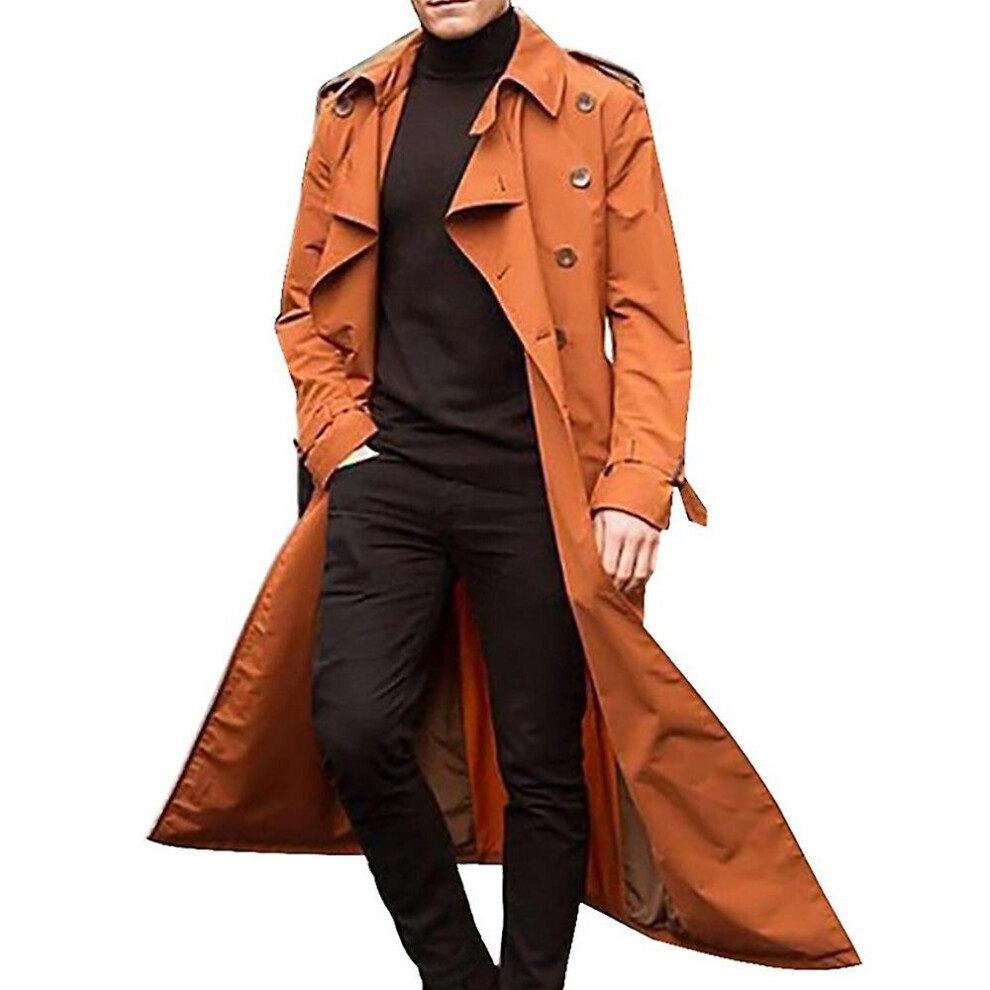 (Orange, M) Mens Jackets Long Trench Coat Lapel Overcoat Casual Plain Outerwear