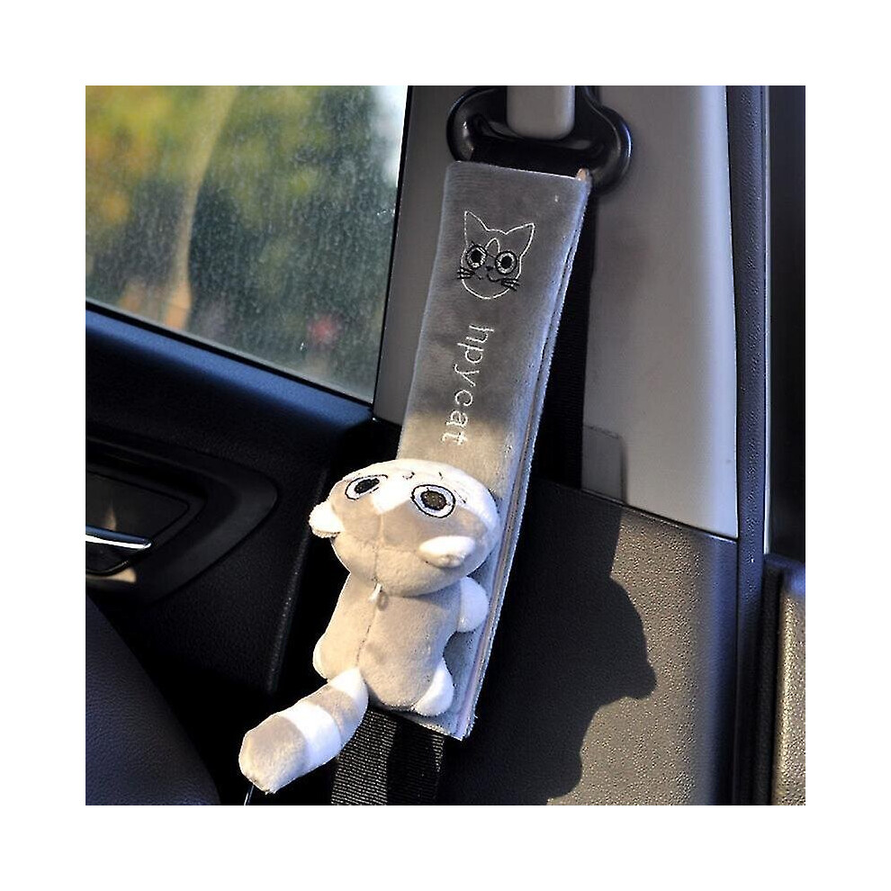 2-Pack Child Car Seat Belt Adjusters With Plush Cat Child Car Seat Belt Cover Soft Velour Seat Belt Shoulder Pads (Grey) Grey