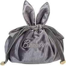 Drawstring Makeup Bag Lazy Travel Cosmetic Bag Makeup Pouch Storage Organizer With Cute Rabbit Ear For Women And Girl (grey)
