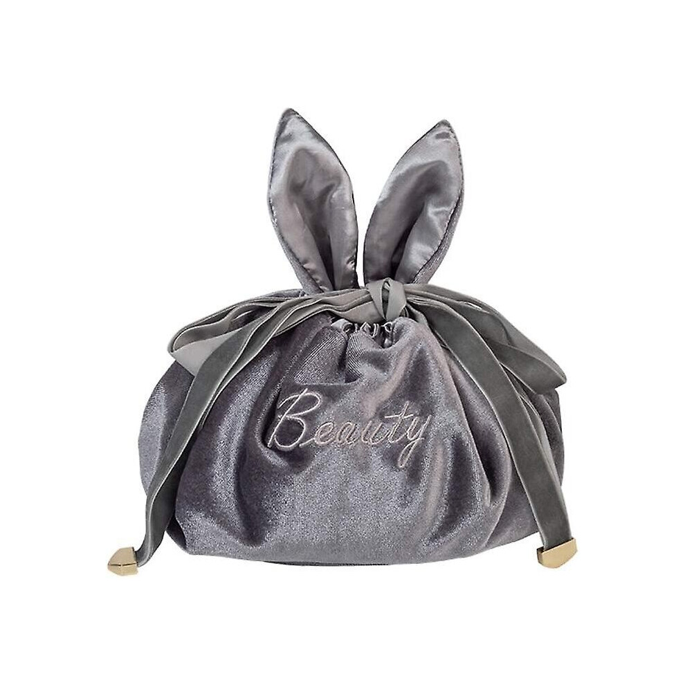 Grey Drawstring Makeup Bag Lazy Travel Cosmetic Bag Makeup Pouch Storage Organizer With Cute Rabbit Ear For Women And Girl (Grey)