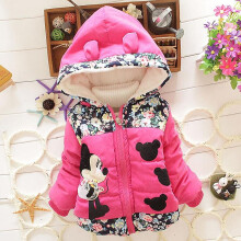 (Rose Red, 2-3 Years) Kids Girls Minnie Mouse Fleece Lined Puffer Jacket Hooded Zip Up Coat Warm
