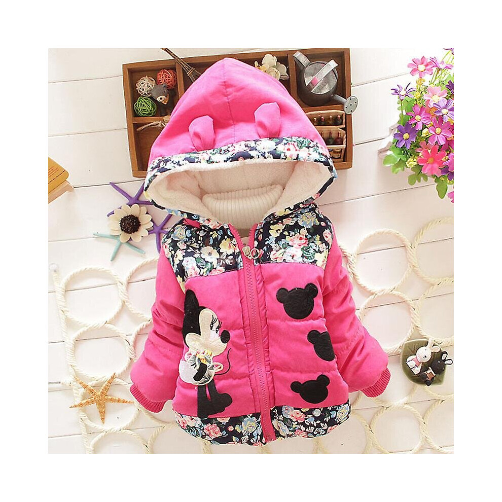 (Rose Red, 2-3 Years) Kids Girls Minnie Mouse Fleece Lined Puffer Jacket Hooded Zip Up Coat Warm