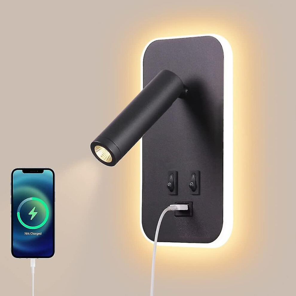Led Wall Lamp, Bedside Reading Light With Switch, Usb Charging Port, Bedroom Mood Lighting Adjustable Spotlight (3w 3000k   9w 6000k) Black