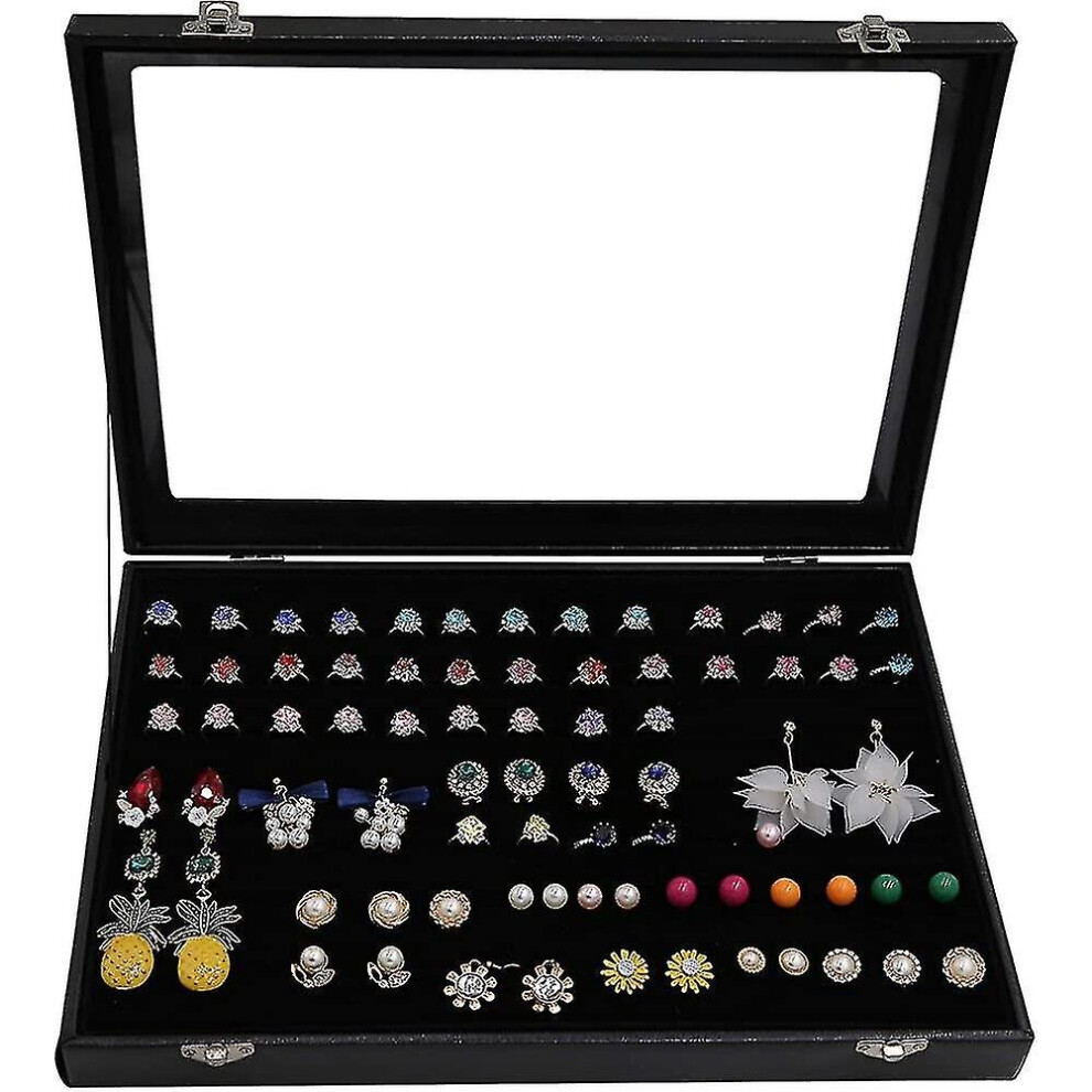 Ring Holder,Velvet Lid 100 Slot Ring Organizer Storage Box Display Case Clear