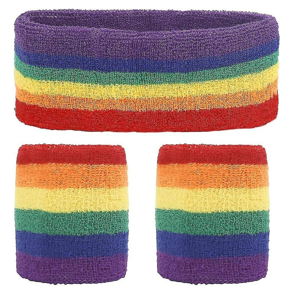 Sweat Bands Set, Striped Sweatbands Set Includes Sports Headband And Wristbands Rainbow Headband For Men And Women(3pcs)