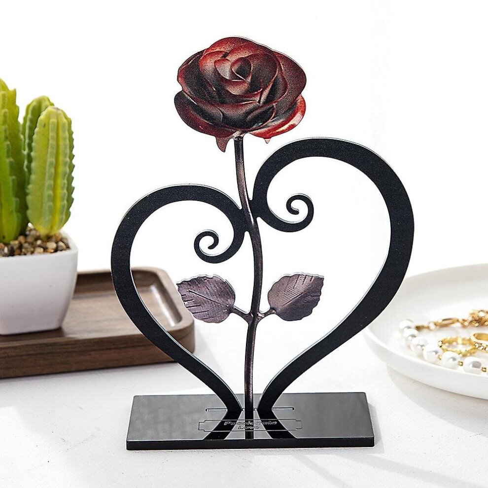 Gift Hand-forged Wrought Iron Red Metal Rose With Heart - Shaped Stand
