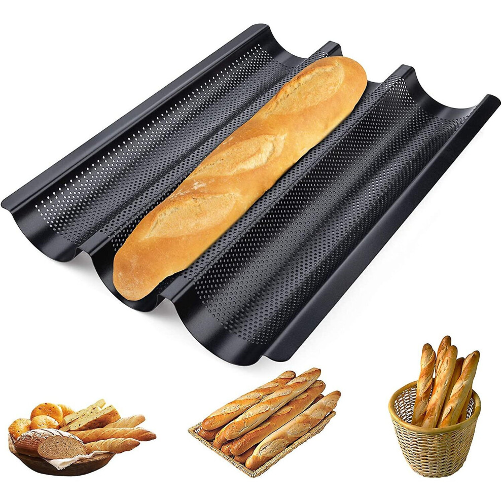 Baking Tray Mold For 3 Baguettes,black French Stick Loaf Pan Tray,non-stick Baguette Pans,perforated Baking Bread Tray For Sandwich Bread Baguettes