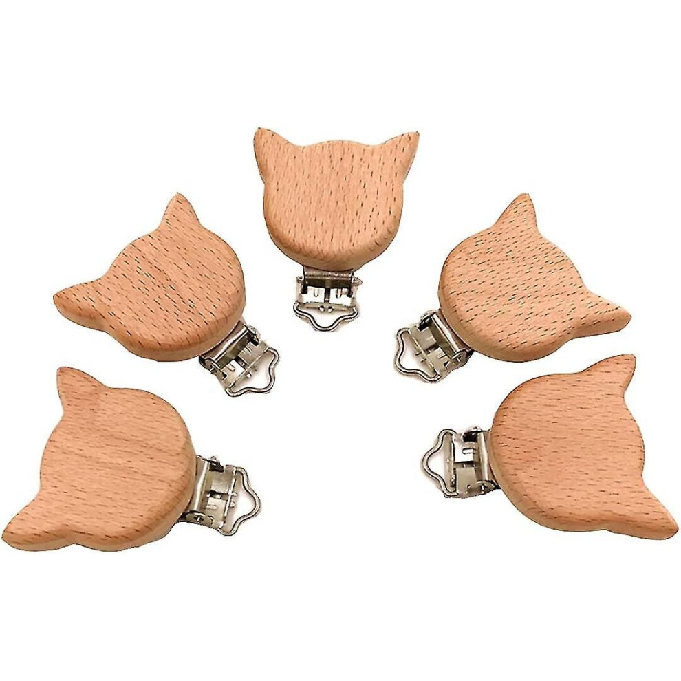 5pcs Natural Wood Suspender Pacifier Clips Cute Beech Wooden Animal Shape Clips Charm Diy Beading Pacifier Chain Accessory