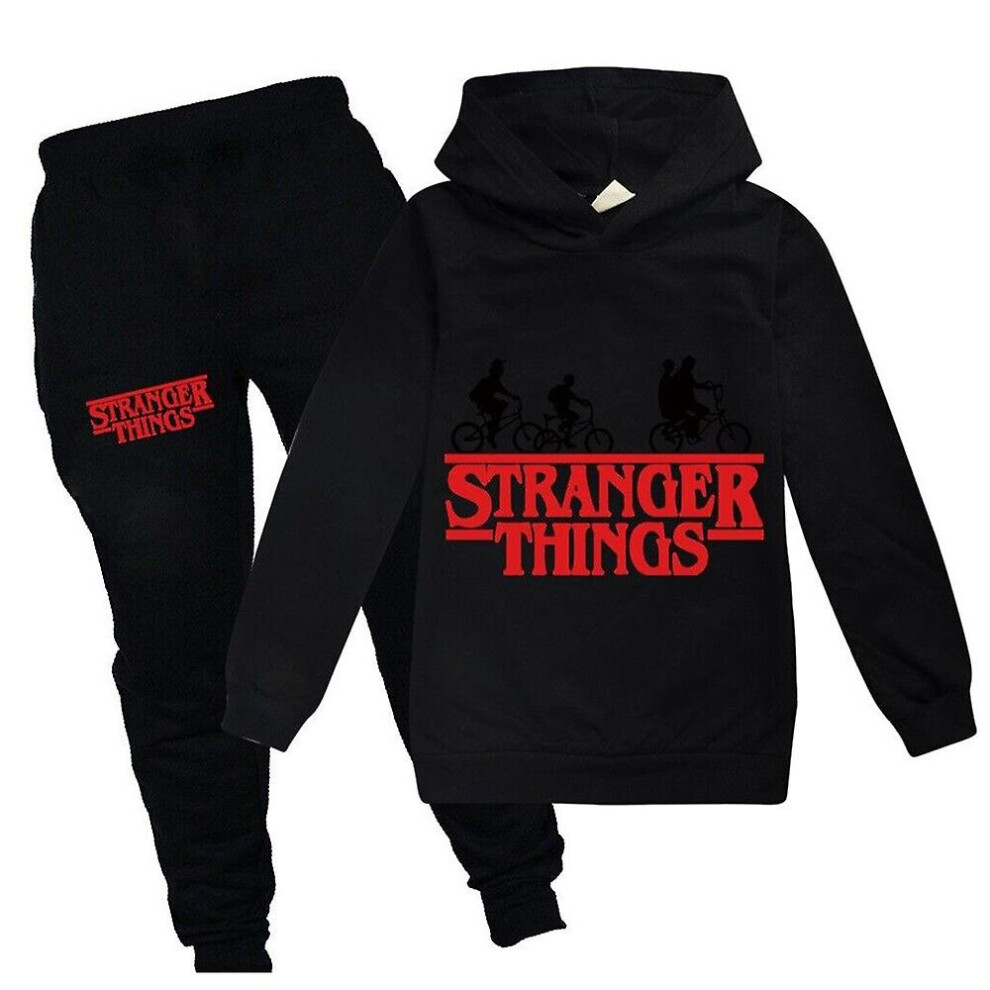 (Black, 11-12 Years) 9-14 Years Kids Stranger Things Tracksuit Sports Hoodie   Sweat Pants Set