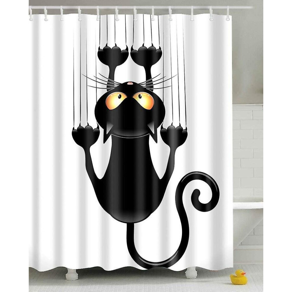 Diy Shower Curtain, Funny Cat Pattern, With Hooks (black Cat, 200x180)