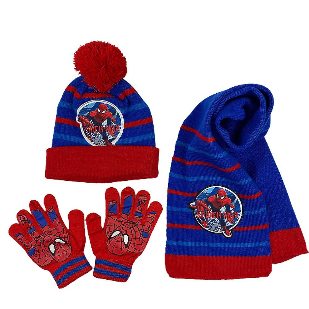(Blue) 3pcs/set Kids Spiderman Beanie Cap Scarf Stretchy Gloves Winter Warm Set Gifts
